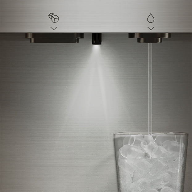 A close-up of a refrigerator water and ice dispenser, showing a glass being filled with ice cubes and a stream of water beneath minimalist ice and water icons.